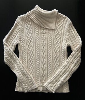 WAINSCOTT Cream/White Braided Knit Fisherman Sweater w/Split Collar sz Small